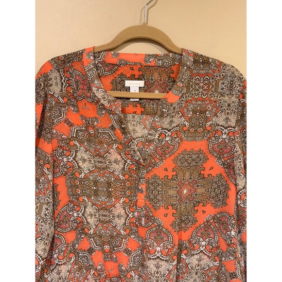Chico's Tie Front Blouse Size 2 Large Orange Paisley Boho Lightweight Top - Picture 3 of 5